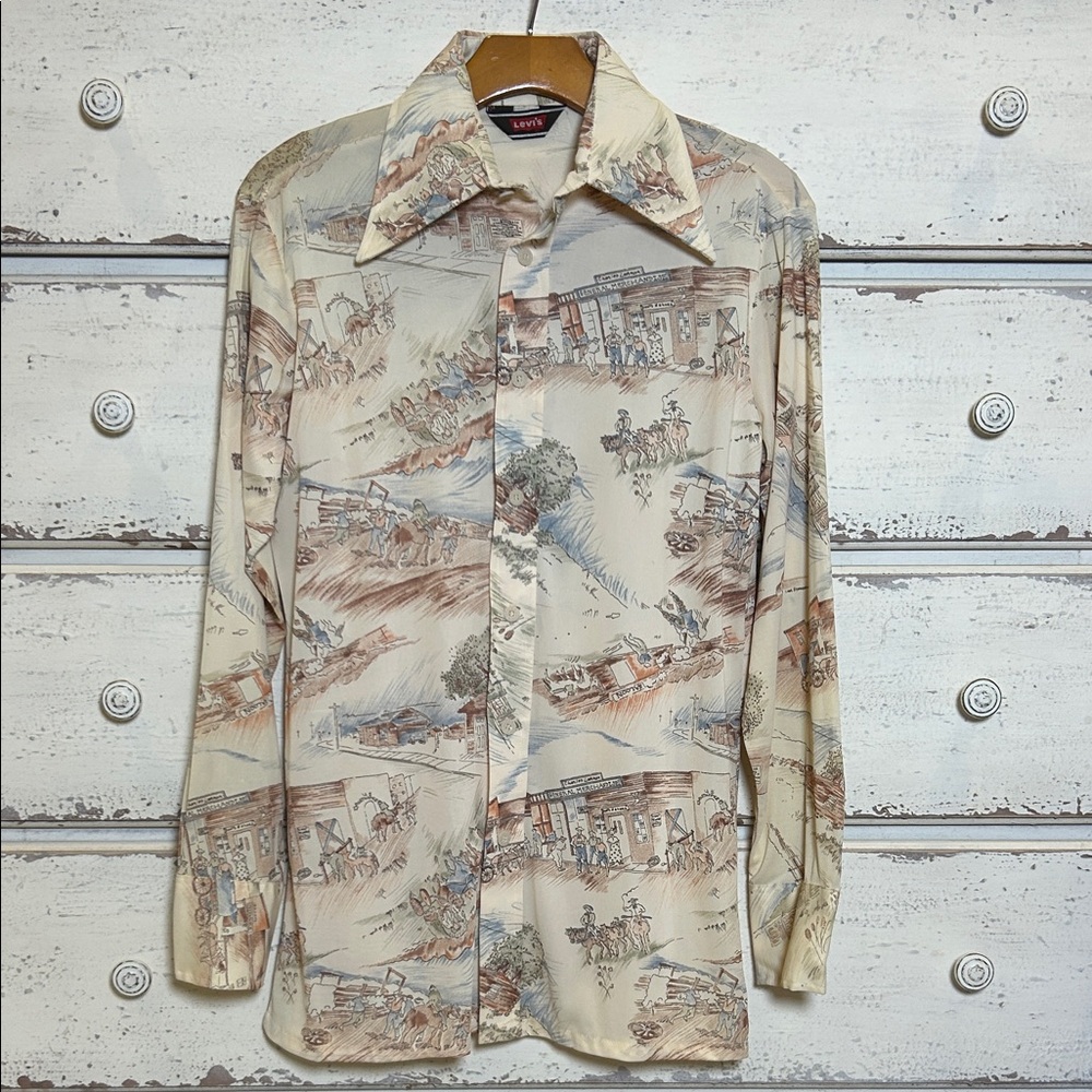 Vintage Levi’s 70s Western Scenic Print Cowboy Shirt Men’s Fits M